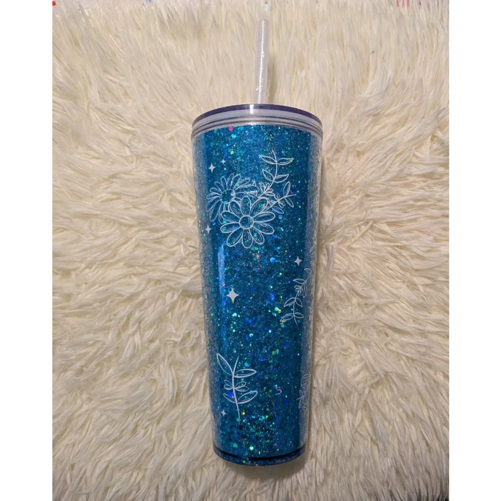 Blue Glitter Floral Tumbler One Size